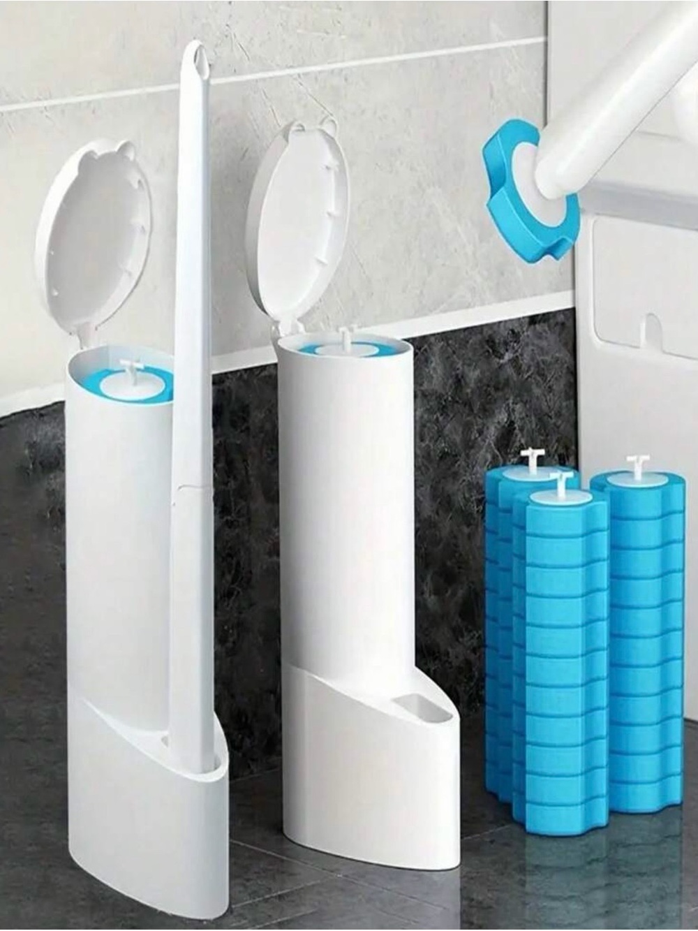 NEW Blue & White Toilet Brush Set with Replaceable Heads